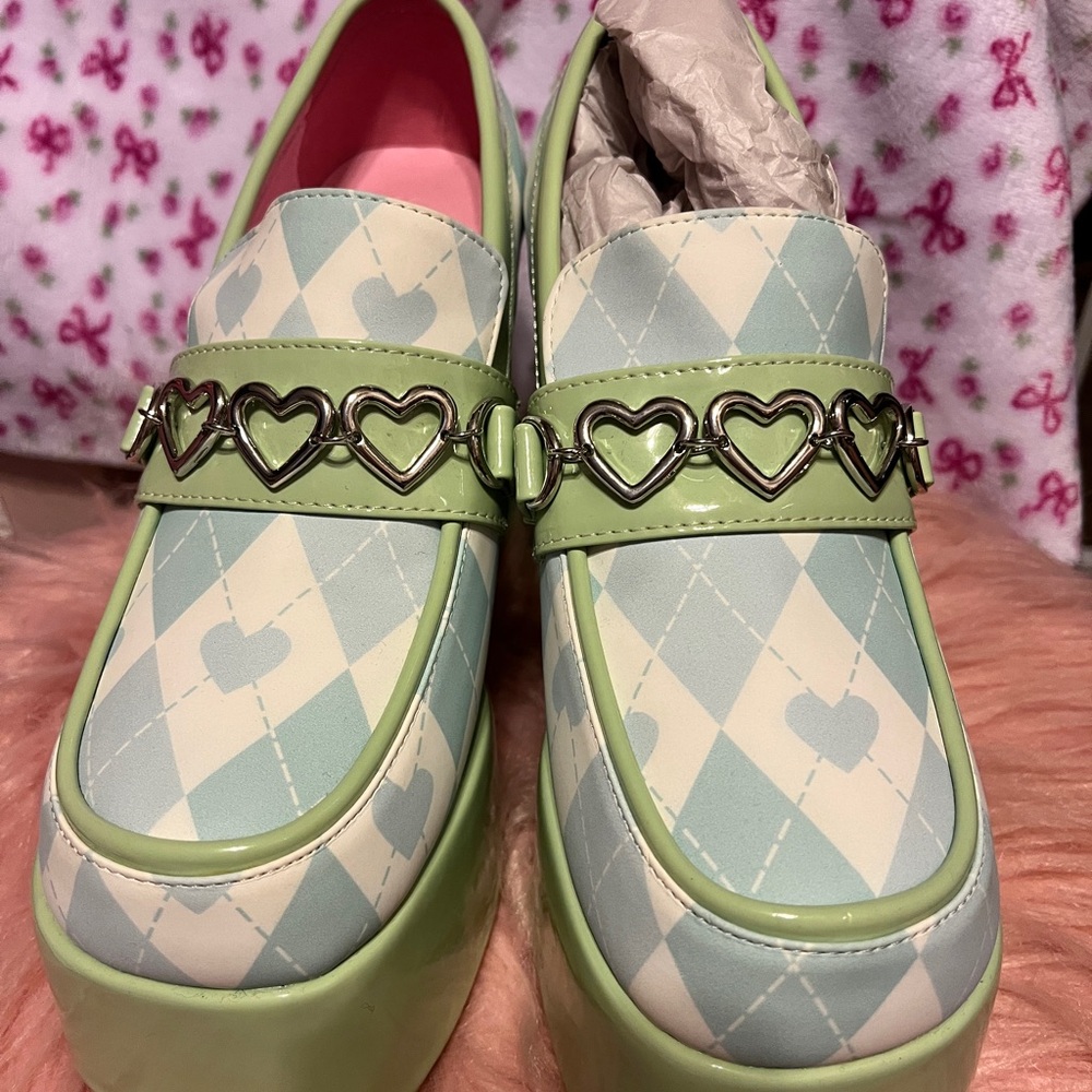 Hot Topic Heart Hounds Tooth Blue Green High Heel Shoes Size 9M